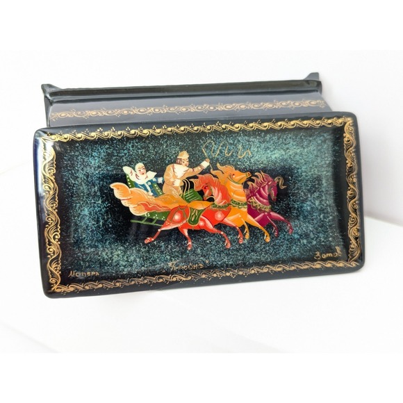 Other - Vtg Handpainted Russian Trinket Box Lacquer Mstera Signed Horses Troika Sleigh